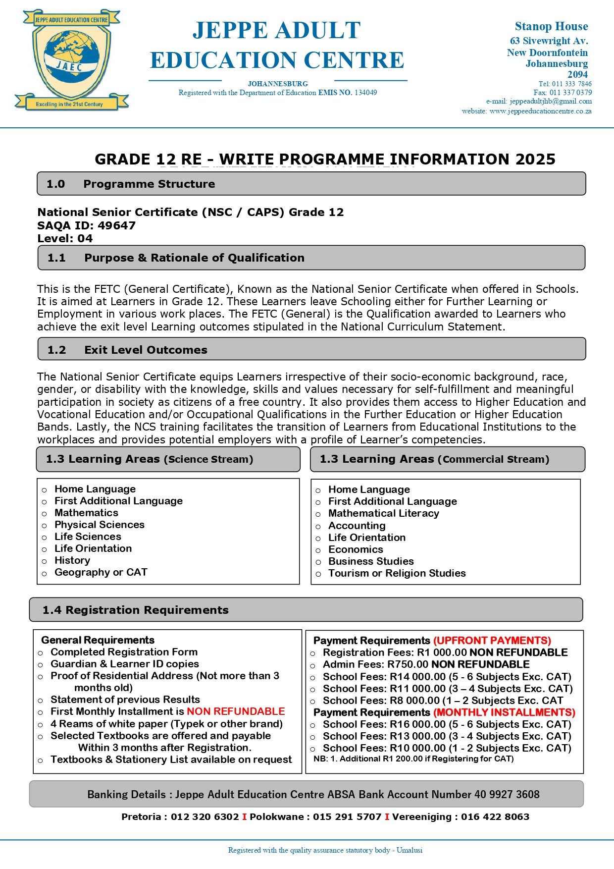 Jeppe college matric rewrite fees 2025